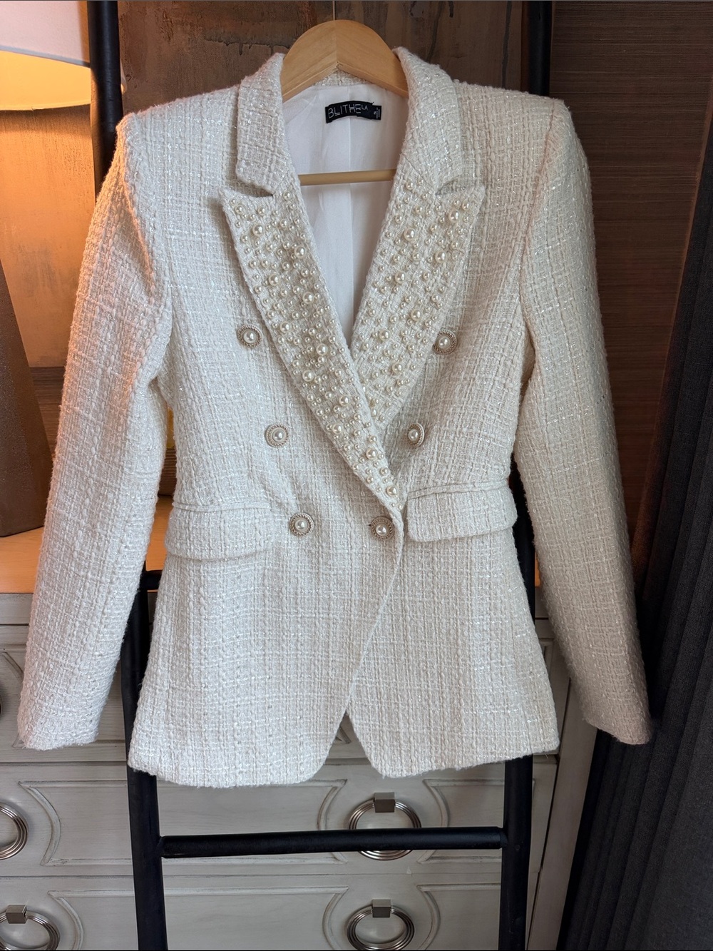 White Pearl-Embellished Tweed Blazer and matching shorts